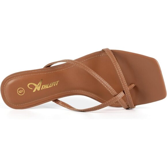 Athlefit Women's Brown Polyurethane Square Open Toe Kitten Heels Thong Sandals - Picture 3 of 6